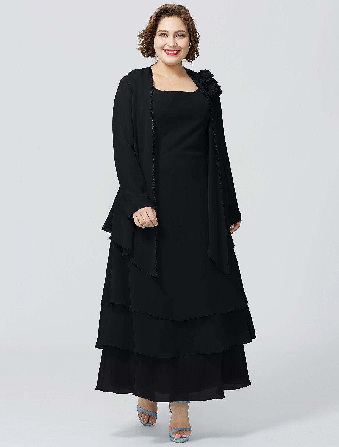 Abito da madre della sposa a trapezio, elegante, taglie forti, con scollo a barchetta, lunghezza alla caviglia, in chiffon, senza maniche, con pizzo